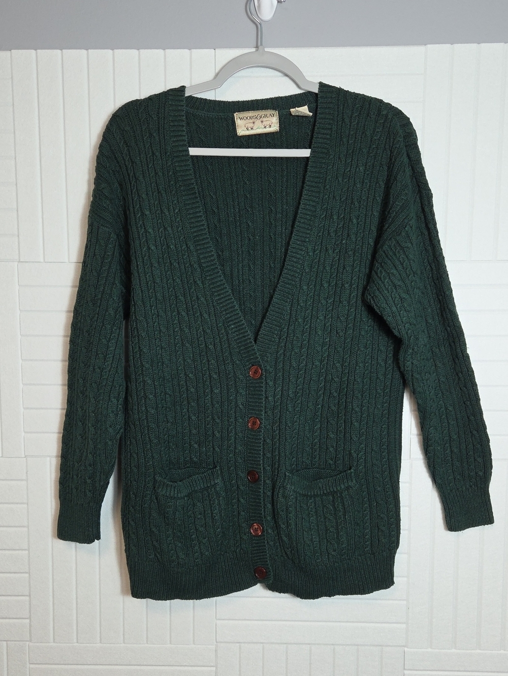 Woods & Gray Vintage 80s/90s Green Cable Knit V Neck Cardigan Sweater Size M